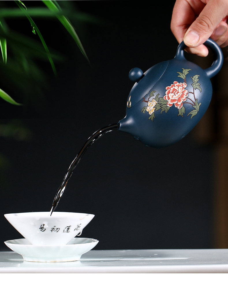 純手工紫砂壺，小巧琺瑯印花紫砂壺